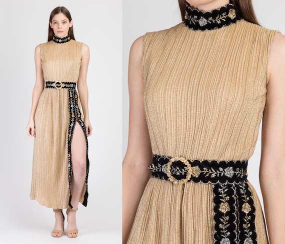 70s Metallic Gold High Slit Maxi Dress - Extra Sma