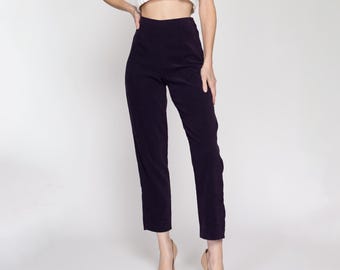 Pantalones de tiro alto morado berenjena de los 90 (talla pequeña, 67 cm) / Pantalones elásticos vintage minimalistas de pernera cónica