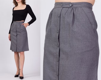 80s Grey Button Up Midi Skirt XS to Small, 25" | Vintage Minimalist Pleated A Line Wool Pocket Skirt