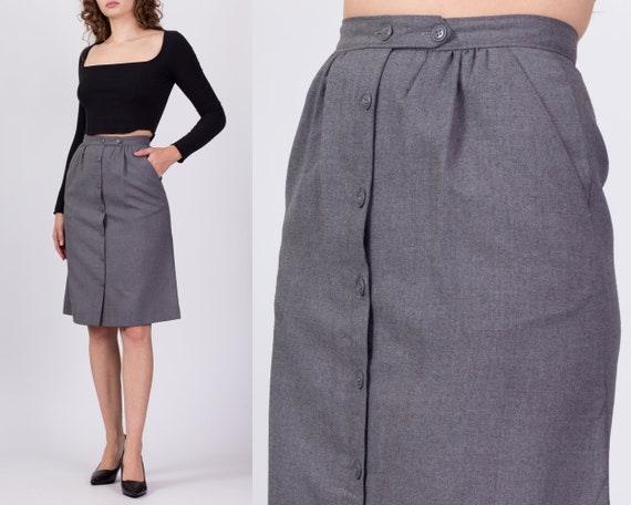 80s Grey Button Up Midi Skirt XS to Small, 25" | … - image 1