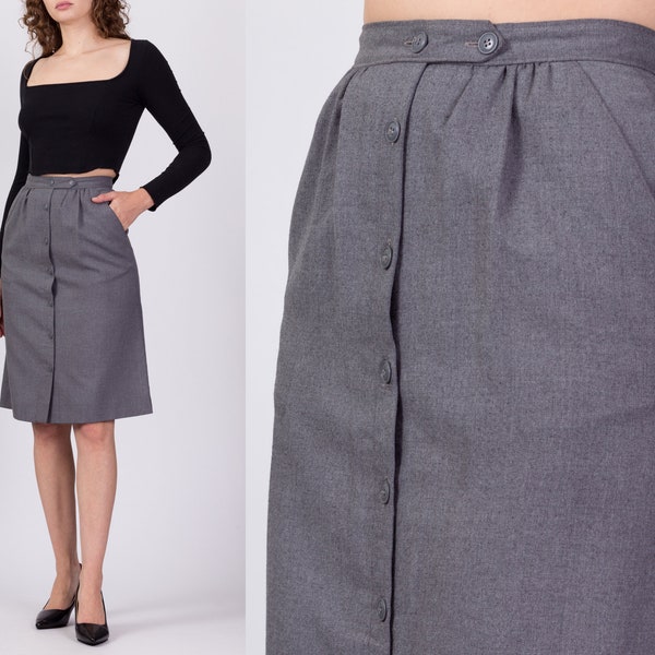 80s Grey Button Up Midi Skirt XS to Small, 25" | Vintage Minimalist Pleated A Line Wool Pocket Skirt