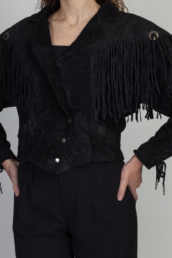 Vintage 80s Black Suede Fringe Crop Jacket Medium… - image 6