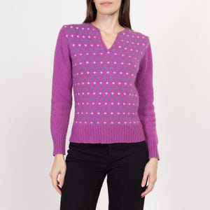 Small 80s Purple Floral Henley Sweater | Vintage Wool Blend Cottagecore Pullover Jumper