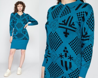 Small 80s Blue Geometric Knit Mini Sweater Dress | Vintage Long Sleeve Collared Dress