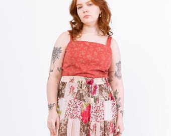 Vintage 90s Red Floral Stretchy Cotton Blend Tank Top - Large | Vintage Boho Square Neck Cropped Blouse