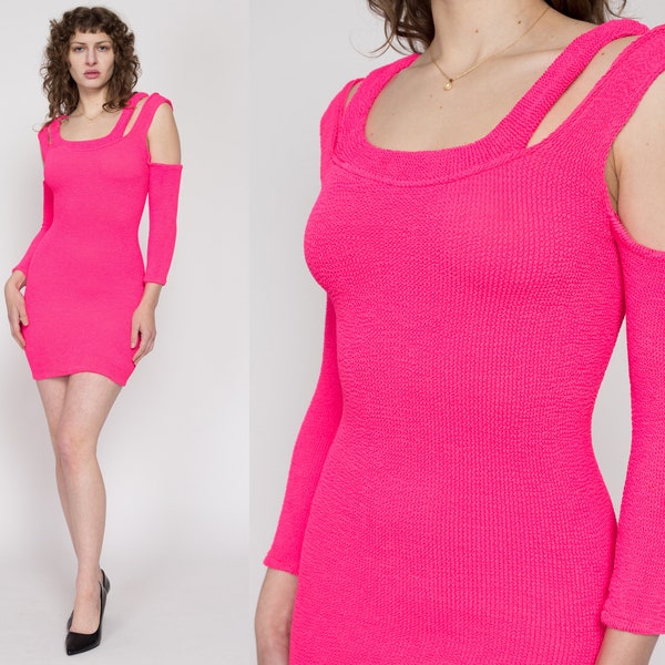 Small 90s Hot Pink Cold Shoulder Crinkle Bodycon Mini Dress | Vintage Stretchy Fitted Long Sleeve Party Dress