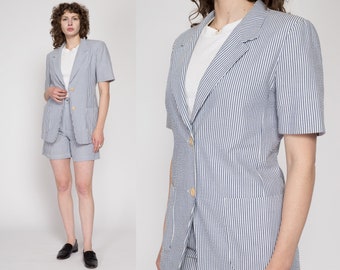 Small Y2K Seersucker Shorts & Blazer Matching Set | Vintage Preppy Blue White Striped Summer Two Piece Outfit