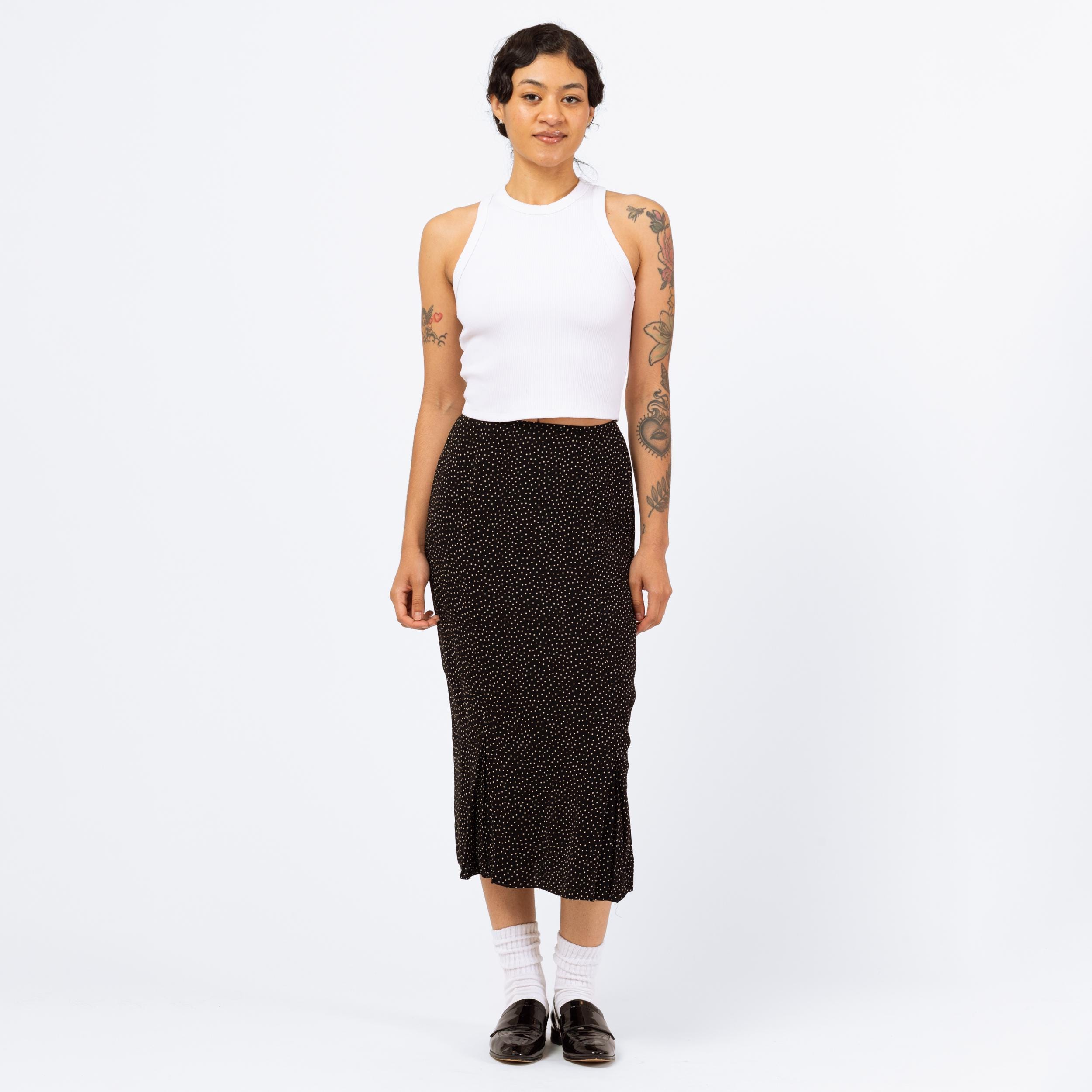 Vintage 90s Slinky Black & White Polka Dot Midi Skirt - XS to