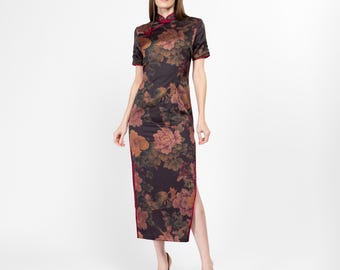 Small 90s Black Floral Cheongsam Maxi Dress | Vintage Chinese Formal Side Slit Qipao