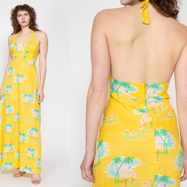 Medium 70s Yellow Flamingo & Palm Tree Print Halter Maxi Dress | Vintage Boho Tropical Backless Summer Sundress