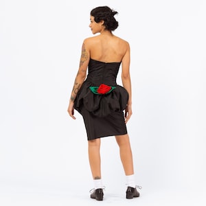 Vintage 80s Black Peplum Rose Party Dress - Small | Strapless Bubble Skirt Mini Dress, Retro 1980s Prom Dress
