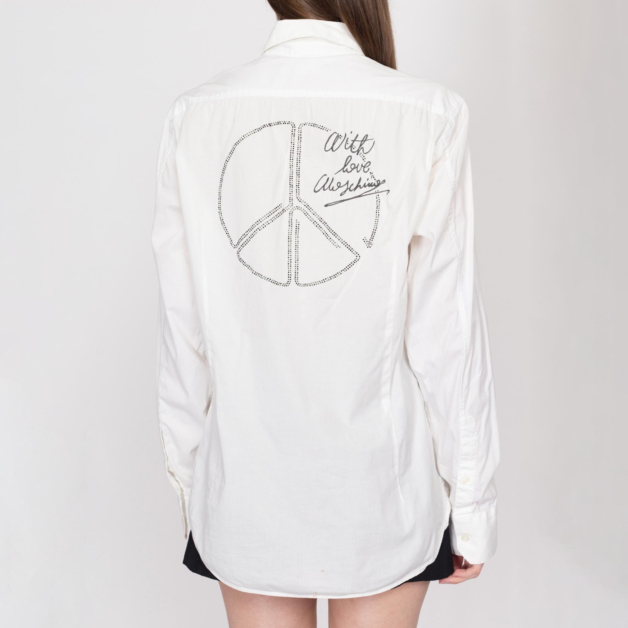 Med-lrg Love Moschino Peace Sign Men's Collared Shirt | Y2K White