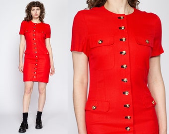Small 90s Louis Feraud Red Mini Dress | Vintage Button Up Short Sleeve Secretary Dress
