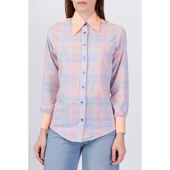 70s Pastel Plaid Western Shirt Small | Vintage Bu… - image 3