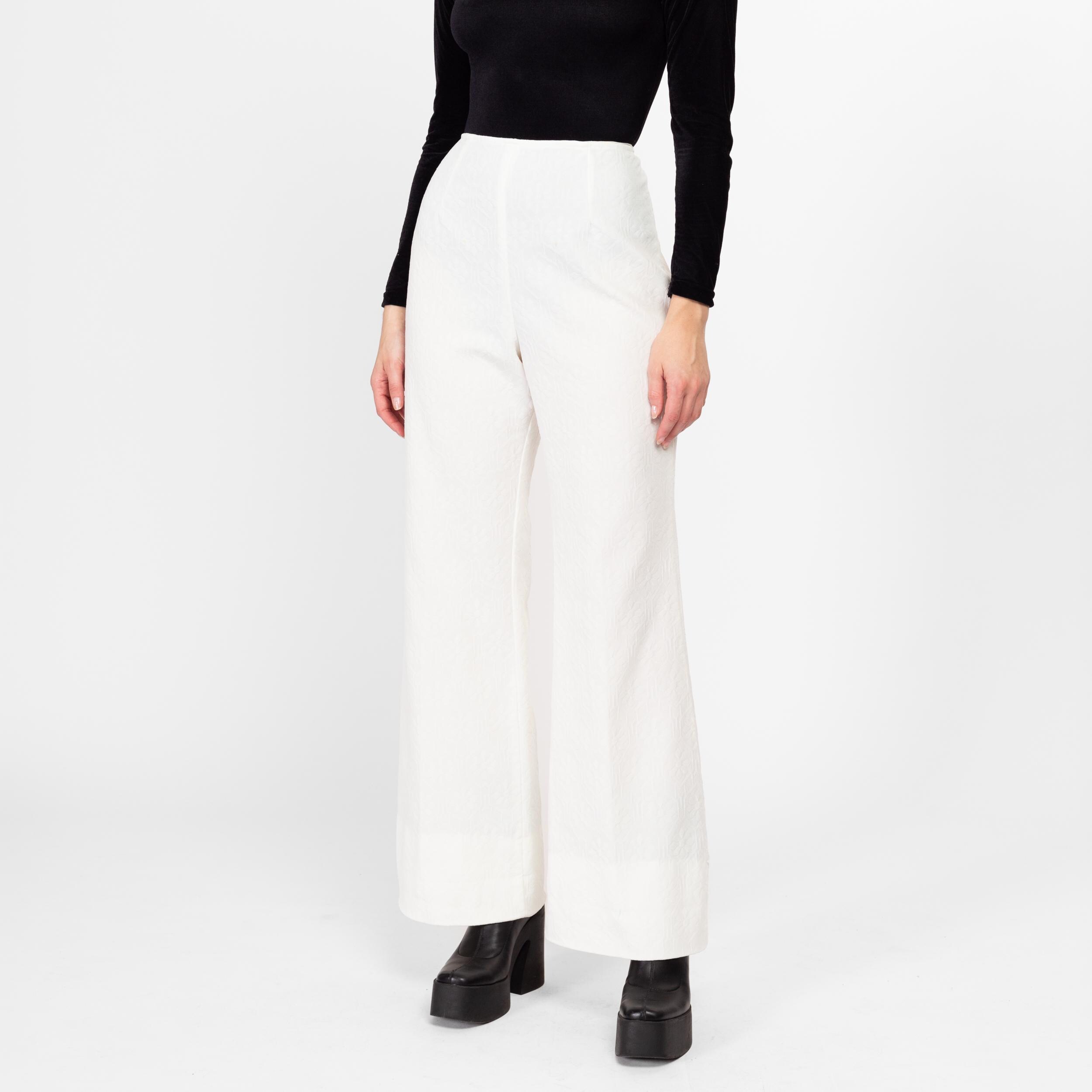 Medium 70s White Floral Embossed High Waisted Flares 28" | Vintage Retro Flared Disco Loungewear Trousers