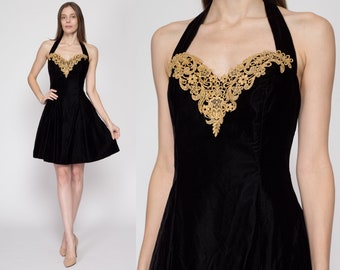 Medium 80s Black Velvet Halter Party Dress | Vintage Fit & Flare Gold Trim Low Back Mini Prom Dress