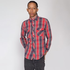 Medium 80s Kingsport Red Plaid Flannel Shirt l | Vintage Grunge Button Up Long Sleeve Collared Top