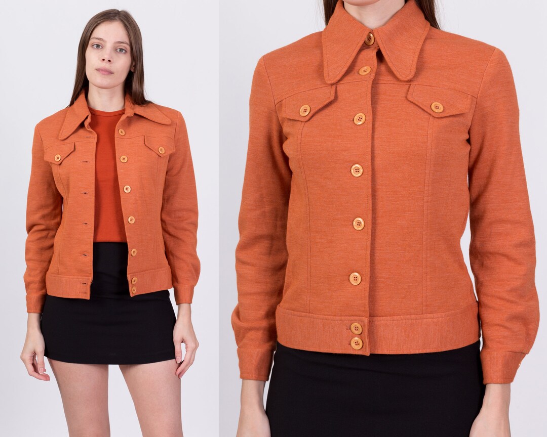 60s 70s Mod Orange Dog Ear Collar Shirt Jacket Extra Small Vintage