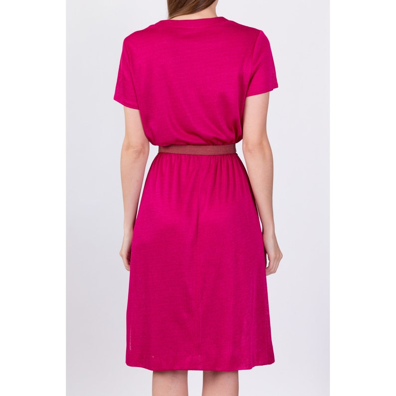 70s 80s Hot Pink Knit Dress Medium Vintage Semi Sheer Retro Fitted Waist Dress image 5