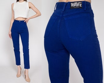 XS 90s Royal Blue High Waisted Jeans 24" | Vintage Denim Slim Skinny Tapered Leg Mom Jeans