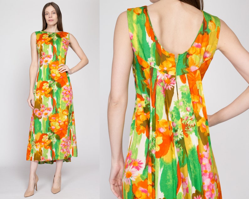 Small 60s Kaanapali Hawaiian Floral Watteau Maxi Dress Vintage Resort Wear Draped Back Column Kaftan Sundress image 1