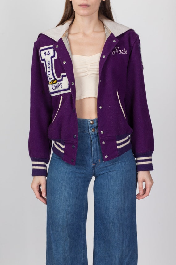 80s Purple Split Hood Varsity Jacket - Small | Vintage Women's Wool Snap Up Letterman Coat