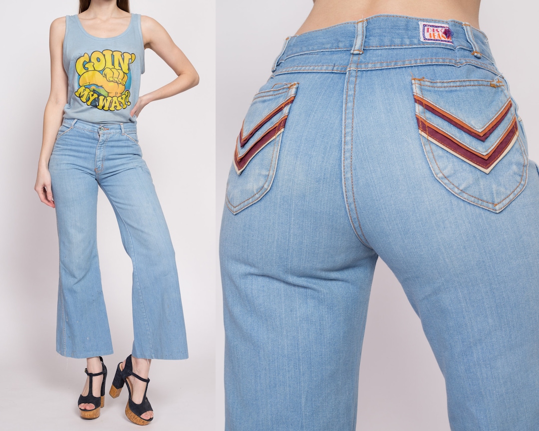 Medium 1970s Yellow Striped Jeans Low Rise Hippie Bell Bottom Pants