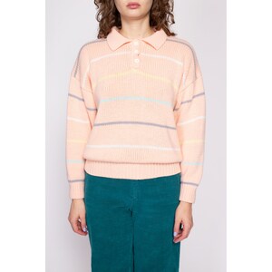 80s Striped Pastel Orange Henley Sweater Medium Vintage Collared Knit Pullover Jumper image 2