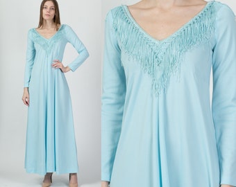 XS 70s Baby Blue Fringe Trim Maxi Dress | Vintage Long Sleeve A Line Disco Gown