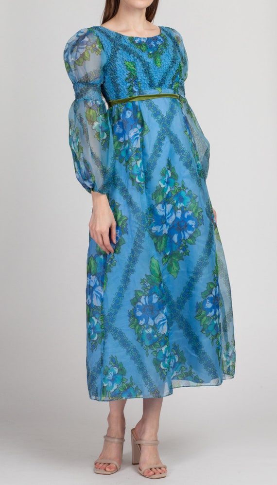 XS 60s Blue Floral Juliet Sleeve Maxi Dress Petit… - image 3