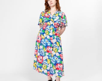 Vestido camisero largo ligero con estampado floral colorido estilo años 80 - Talla L / Vestido casual con cuello, mangas cortas y botones