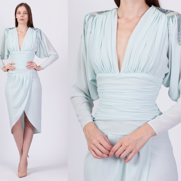 Vintage 80s Casadei Beaded Cocktail Dress Extra Small | Pastel Blue Keyhole Back Ruched Draped Dolman Sleeve Formal Party Evening Dress