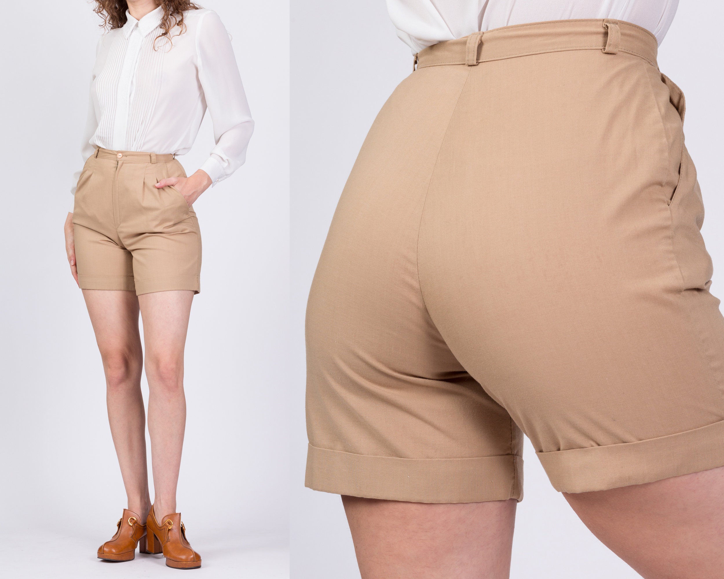 70s High Waist Khaki Shorts Extra Small, 24 Vintage Tan Pleated Cuffed Mom  Shorts -  New Zealand