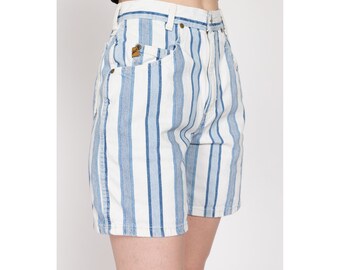 80s Blue & White Striped Jean Shorts - Small, 25.5