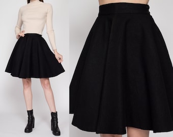 XS 60s Black Felt Mini Circle Skirt | Vintage 1960s High Waisted Retro Gothic Miniskirt