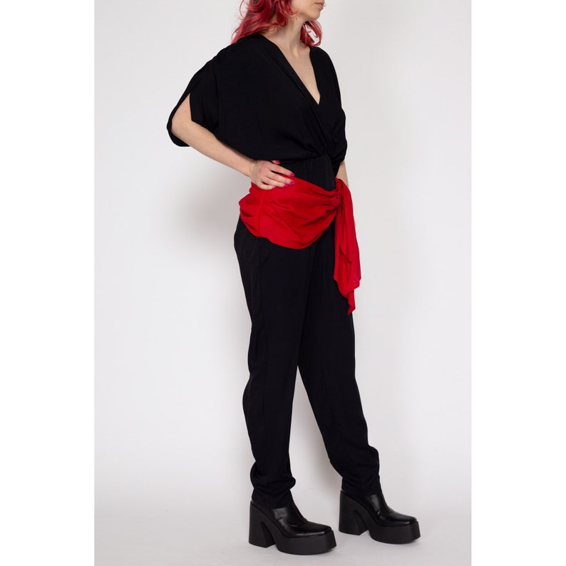 Small 80s Black Red Sash Jumpsuit Vintage Slouchy V Neck Blouson Pantsuit image 4