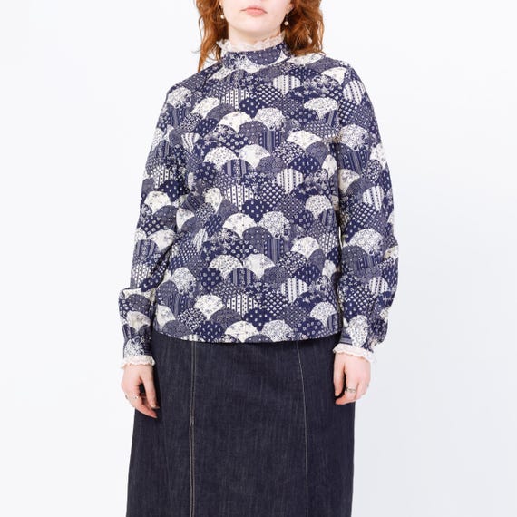 Vintage 70s Fish Scale Patchwork Print Blouse - L… - image 3