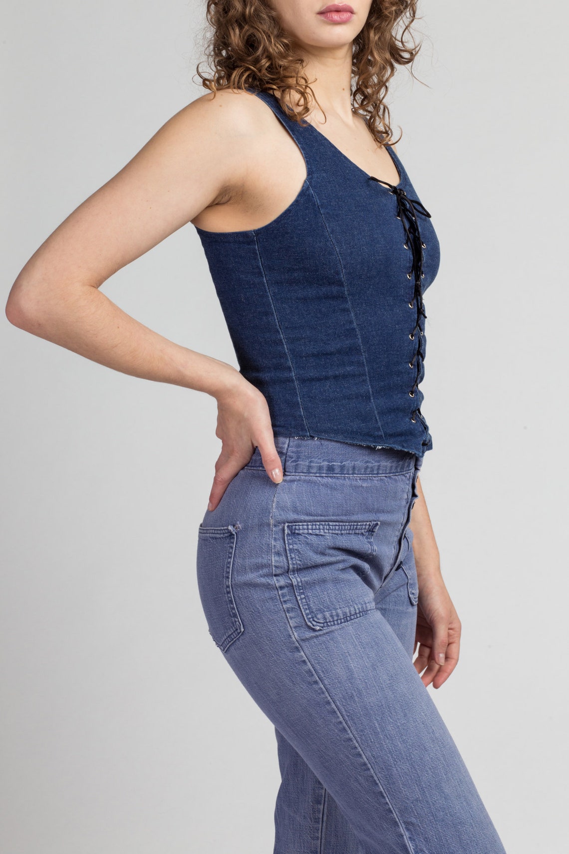 Blue Denim Corset With Pink Lace Up Ribbon Front 3S3113 Fashion Blue Denim Overbust Boned Corset 