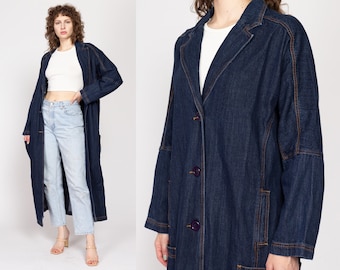 Mittelgroße 90er Jahre Dark Wash Denim Duster Jacke | Vintage Grunge Button Up Lange Übergroße Mantel