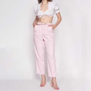 Medium 80s Pink High Waist Belted Pants | Vintage Tapered Leg Elastic Casual Trousers
