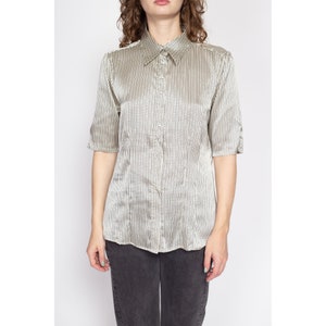 Large 80s Black & White Polka Dot Satin Shirt Vintage Button Up Short Sleeve Collared Shirt image 2