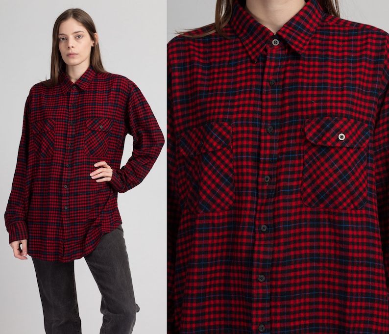 80s 90s Red Plaid Shirt Men/'s XL Vintage Unisex Lumberjack Button Up Top
