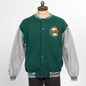 Large 90s Minnesota Wild NHL Cardigan Sweatshirt | Vintage Green Snap Up Hockey Team Varsity Sweater
