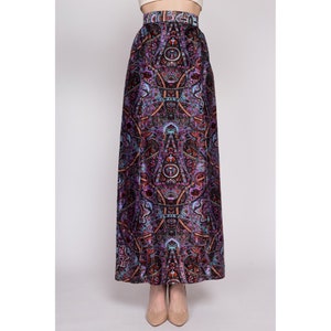Medium 70s Psychedelic Maxi Skirt 29 Vintage Boho Purple Abstract Print Felt High Waisted A Line Skirt image 3