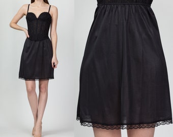 70s Black Mini Skirt Slip Medium | Vintage Lace Trim Lingerie Miniskirt