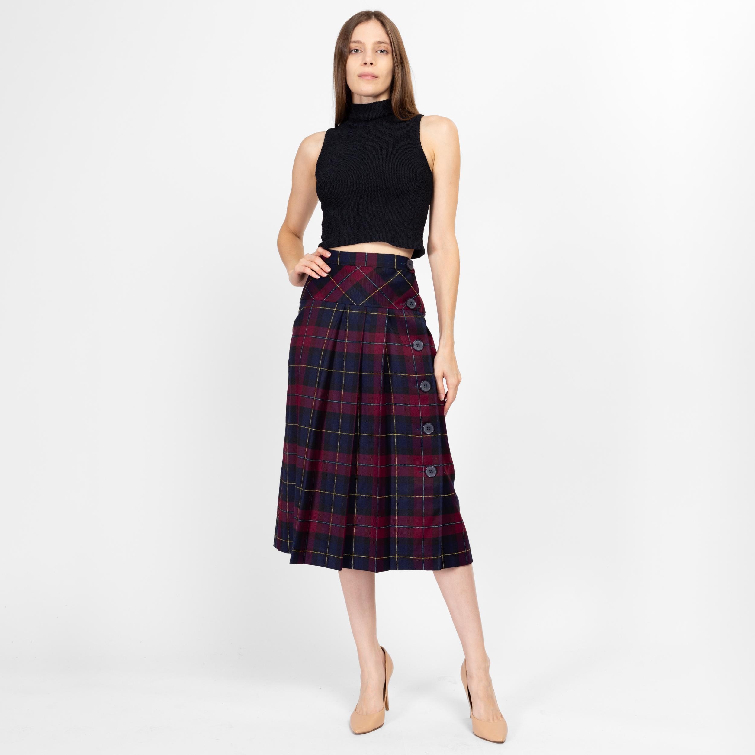 Jupe Plissée Vintage Femme Taille M Rouge Bleu à Carreaux Laine Académique