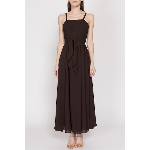 XS 70s Chocolate Brown Chiffon Tie Front Gown | V… - image 2
