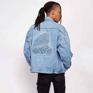 Large 90s Denim 3D Eagle Embossed Biker Jacket | Vintage Light Wash Oversize Motorcycle Jean Jacket