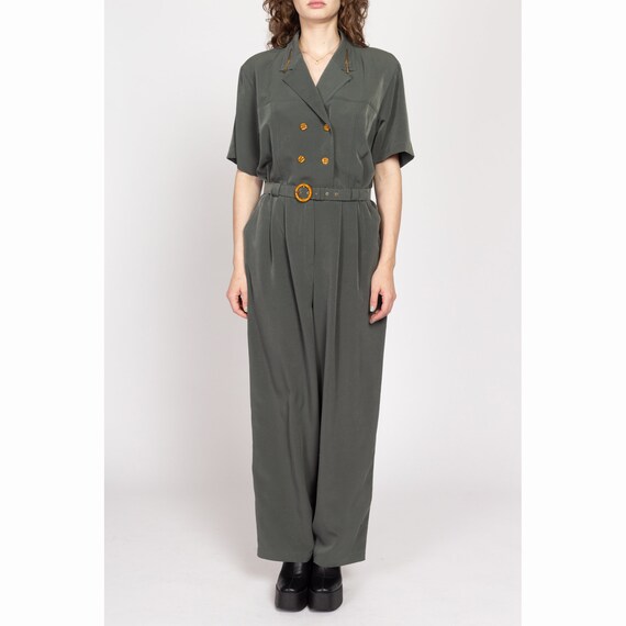 Large 90s Olive Green Double Breasted Jumpsuit | … - image 2