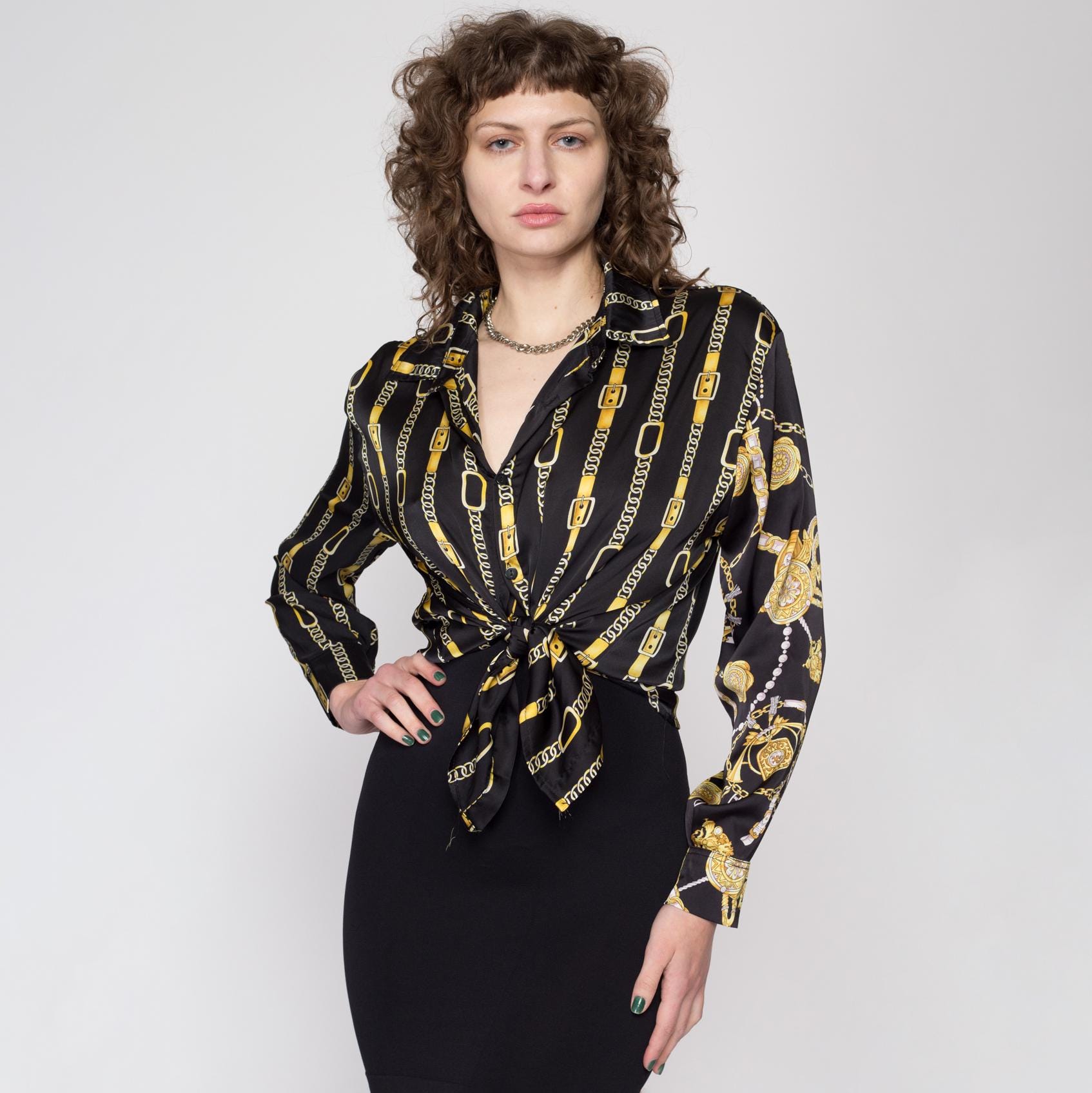 80s Hermès Silk Baroque Equestrian Print Blouse - Extra Large